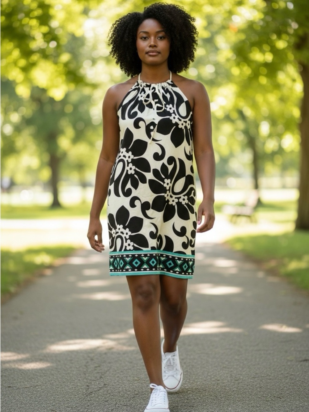 Signature Black and Cream Floral Halter Dress